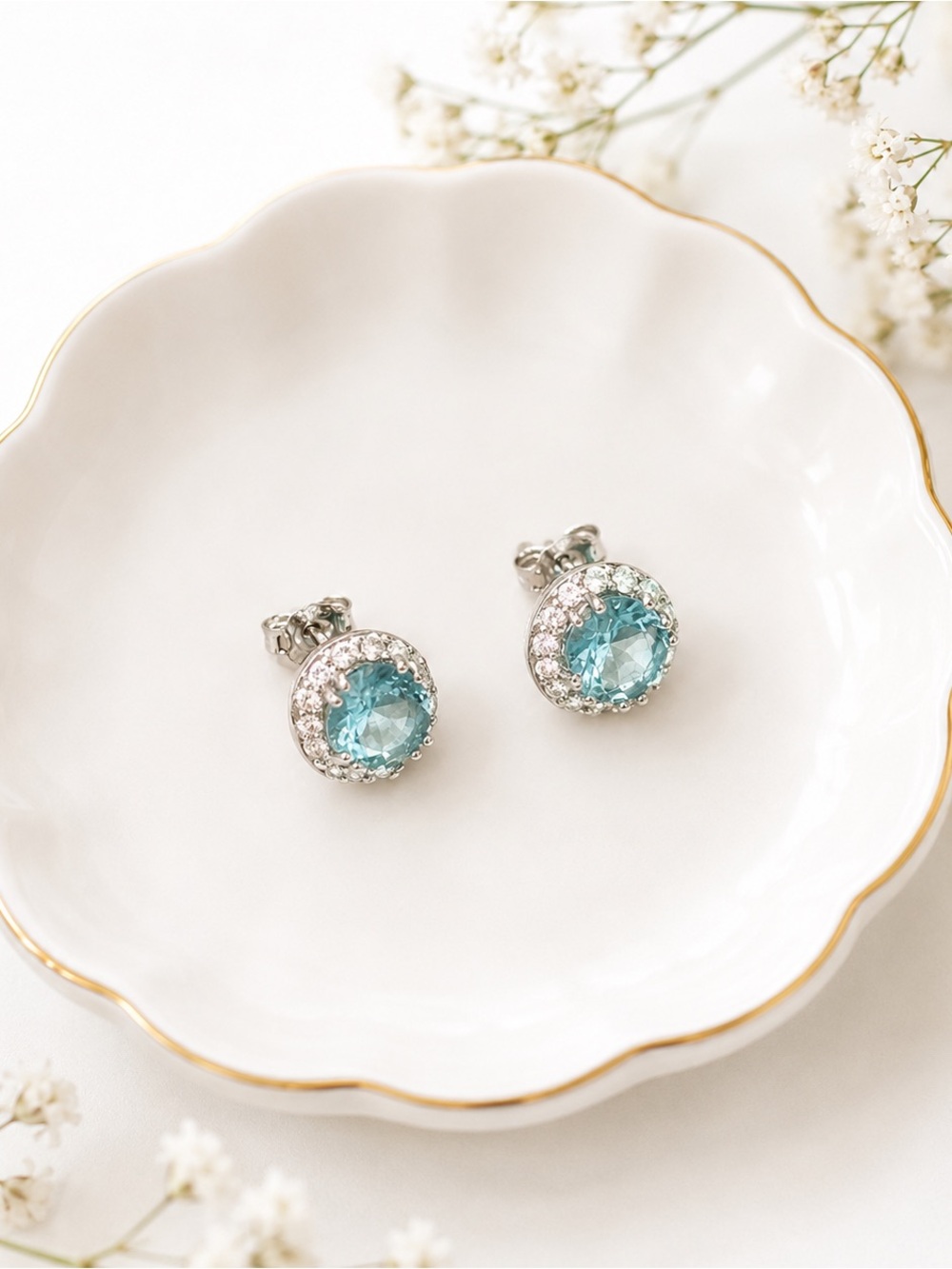 925 Sterling Silver & Aquamarine Halo Stud Earrings NEW